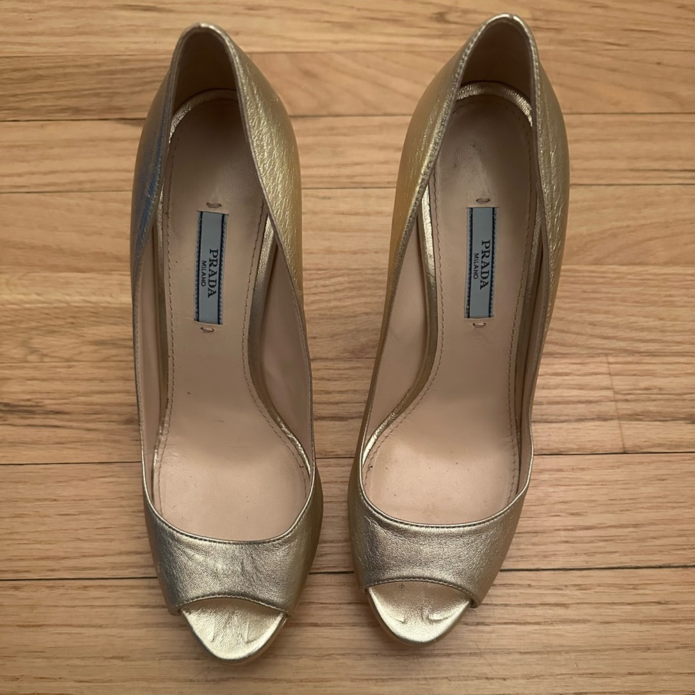 Gold Prada Platform Peep Toe Pumps